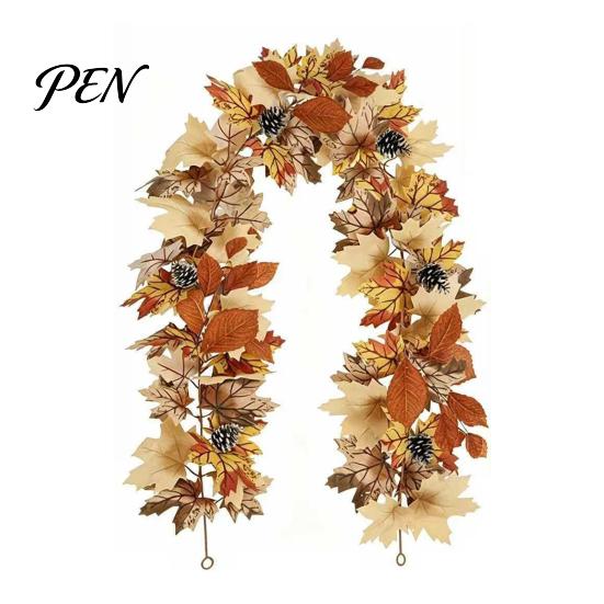 Realistic Orange Red Maple Leaves Artificial Fall Leaf Wreath, Autumn Vine with Pine Cones Pumpkins, Reusable Holiday Gifts for Family Hanging