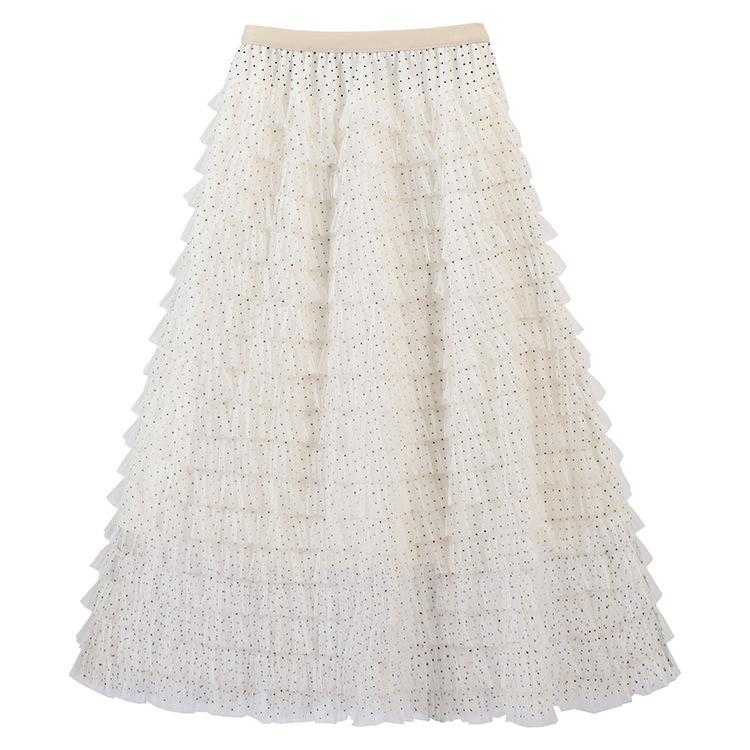 Fei Yuan Women s Layered Midi Skirt - Cross Dot Mesh Hem, Early Spring Fashion One Size
