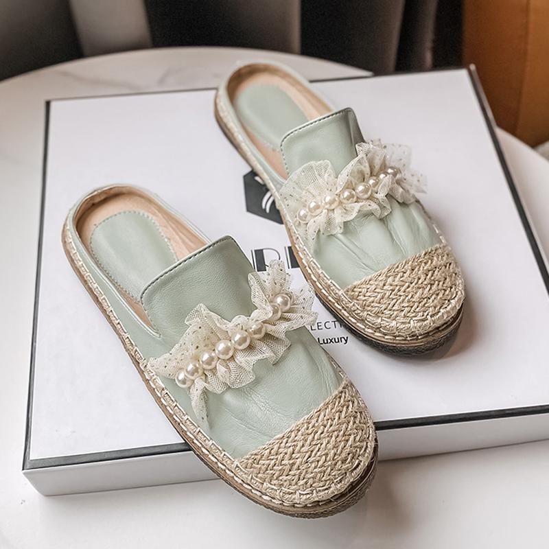 Fashion String Beaded Espadrilles Women Slippers Flat Heel Slides Ladies Shoes Cover Toe Mules Pantuflas Flipflops Slip On Femme Sandals