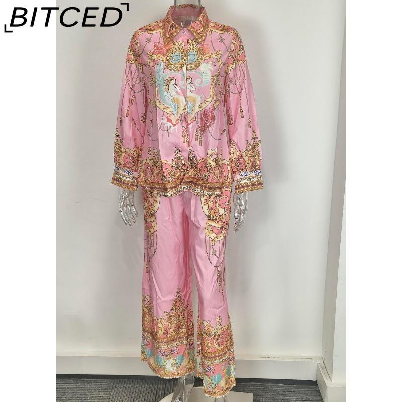 BITCED Damen Frühjahrskollektion: Eleganter Homewear-Stil Bedrucktes Langarm-Oberteil und Hose Lässiges Mode-Set