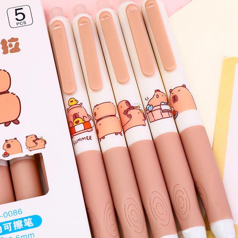 5Pcs Cute Capybara Gel Pens Kawaii Pen Set Quickly-Drying Blue Erasable Pens Office School Supplies Kawaii Aesthetic Stationery