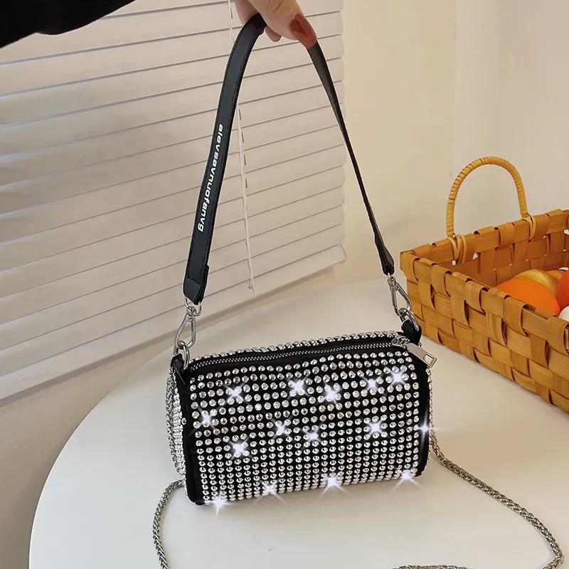 WTEMPO Casual Versatile Luxury Bright Diamond Shoulder Bag Women PU Leather Crossbody Bag Fashion Chains Messenger Handbag Elegant Armpit Pouch