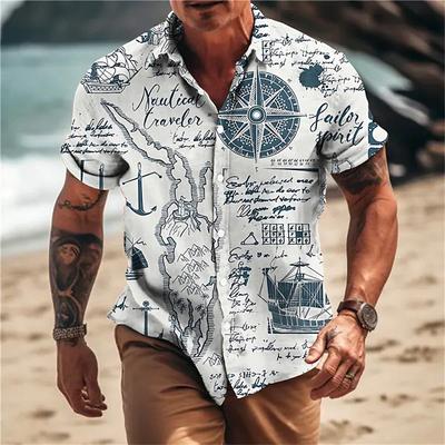 Herren Retro Segelboot Hawaiianisches Freizeitshirt Herren modisch kurzärmelig Sommer Street