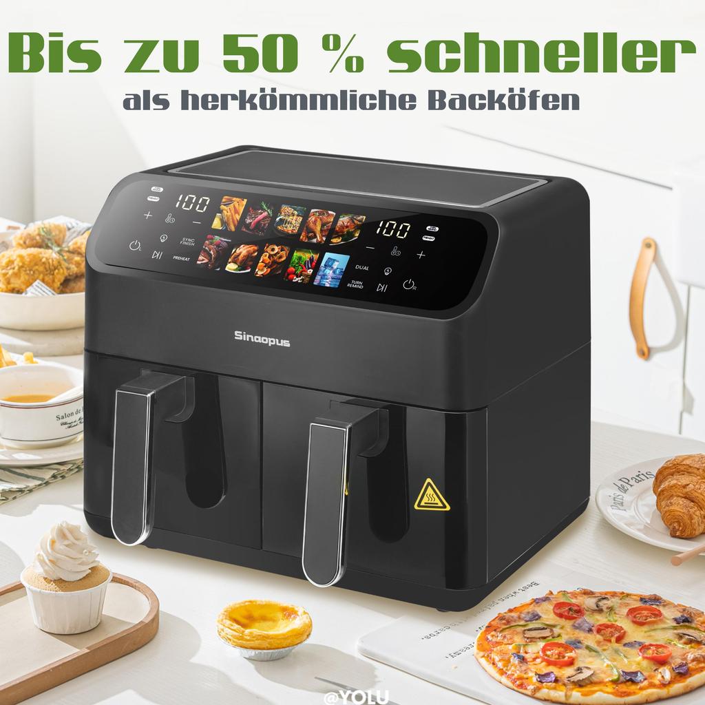 9L Air Fryer with Double Chamber, Fryer with LED Display, Adjustable Time and Temperature 80-200℃