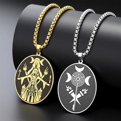 EUEAVAN Triple Moon Goddess Necklace Stainless Steel Vintage Wheel of Hecate Necklaces Women Men Amulet Jewelry Personality Gift