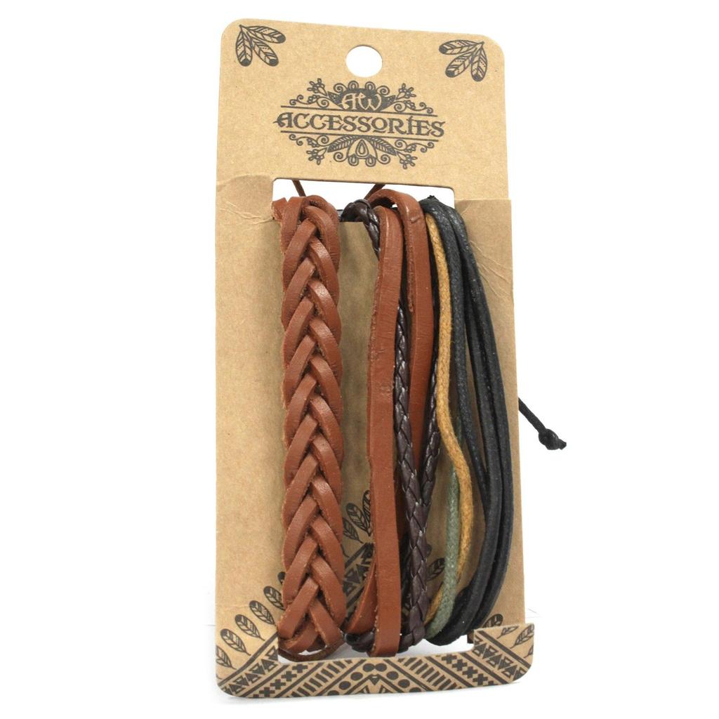 Mens Bracelet Set Leather and Metal Adjustable