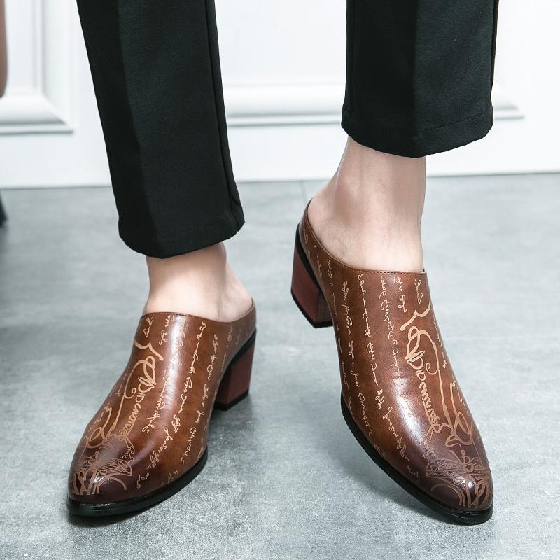Sommer Herre Halvsko Høyhæl Mules Sandaler Tøfler Mann Loafers Fritidssko Lær