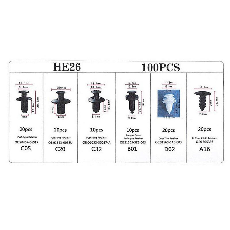 100-Piece Universal Car Retainer Clips Set for Bumper, Door, and Trim Fastening.