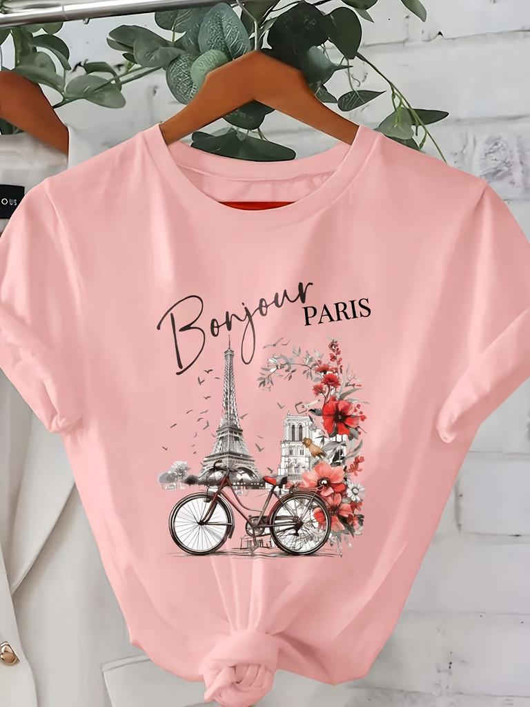 Women'S Bonjour Paris Graphic Tee Casual Crew Neck Short Sleeve T-Shirt with Eiffel Tower Vintage Bicycle Design Floral Accents