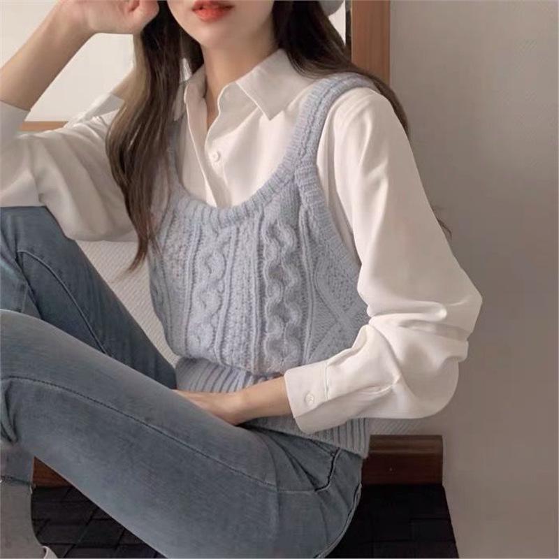 2024 Autumn Japanese Cable Knit Vest & Sleeveless Shirt Set - Slimming, Layered Ins Style
