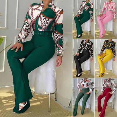Spring Casual Suit Printed Stand Collar Long Sleeve Shirt Top Wide Leg Pants Two Piece