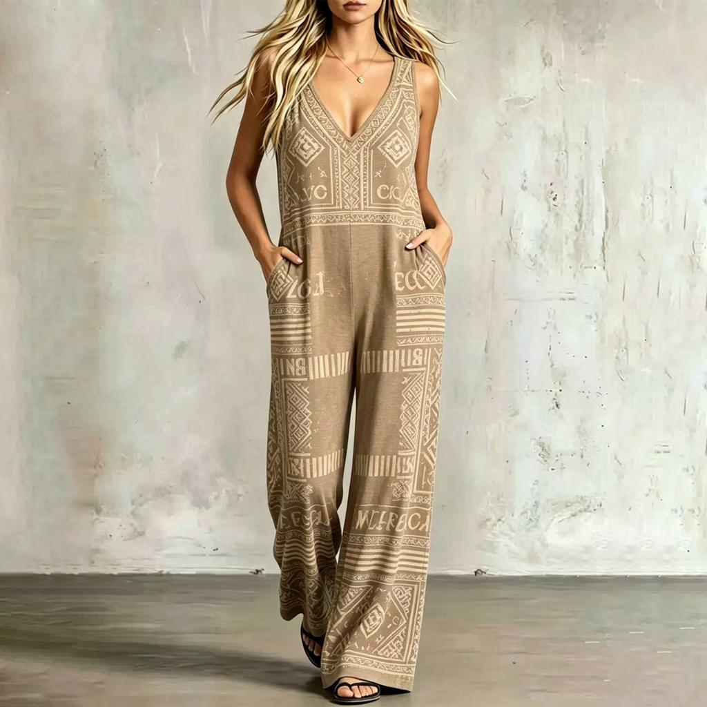 Boho Print Ärmelloser Jumpsuit Weiter Bein Lockerer Sitz Einteiler Romper Sommerlich Lässig Strandmode
