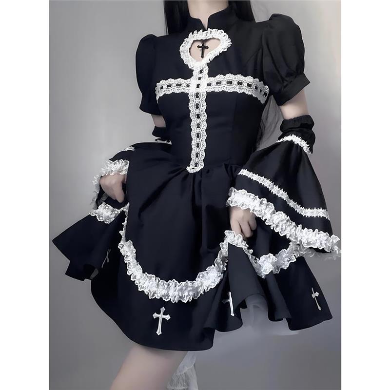 Autumn Japanese Style Gothic Cosplay Party Dress Women Long Sleeve Ruffle Lace Black Mini Dresses Y2k Vintage Lolita Dress New