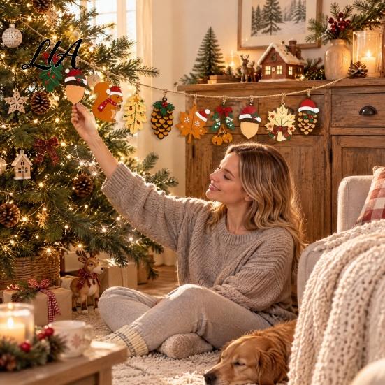 Indoor Window Hanging Decorations Christmas Forest Theme Pendant, Wooden Ornaments with Squirrels Acorns and Pine Natural Winter Home Accents