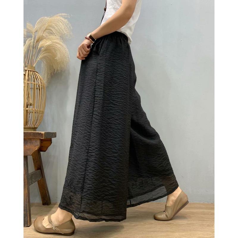 Women's Teal Embroidery Wide Leg Pants High Waist Loose Flowy Trousers Chinese Style Casual Pants