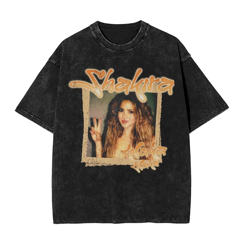 Gewaschene T-Shirts Sängerin Shakira Hip Hop Vintage T-Shirt Harajuku Streetwear 100% Baumwolle Sommer Oberteile T-Shirts für Damen