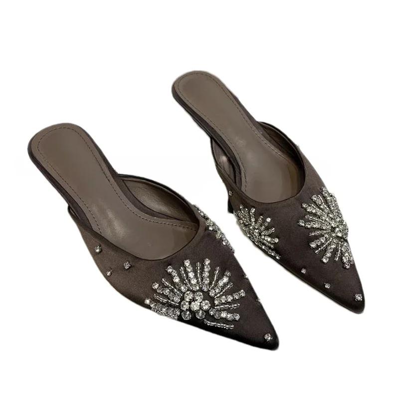 Crystal Women Slippers Elegant Pointed Toe Heeled Sandals Woman Mules Shoes 2025 Summer Fashion Slides Dress Zapatillas De Mujer
