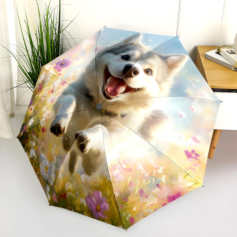 Husky and Grass pattern, automatic folding umbrella, portable and foldable design, 8 ribs, a Christmas or birthday gift.