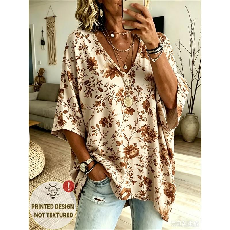 Printed Plus-Size Women's V-Neck Batwing Sleeve T-Shirt Bohemian Ethnic Print Loose Top Summer Comfortable Breathable Daily Commute Casual