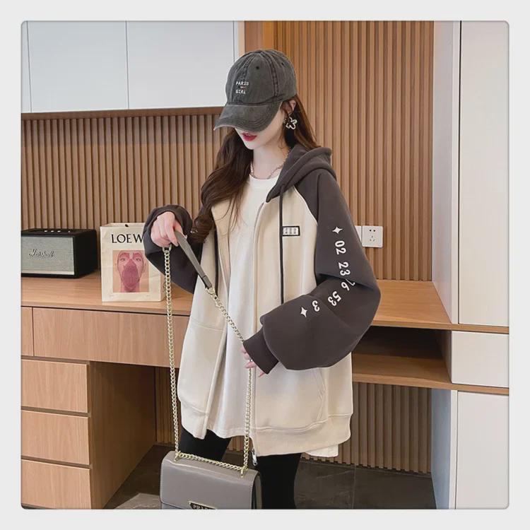Women's Contrast Color Hooded Sweatshirt - Spring/Fall 2025, Thickened Velvet, American Style Zip-Up Cardigan