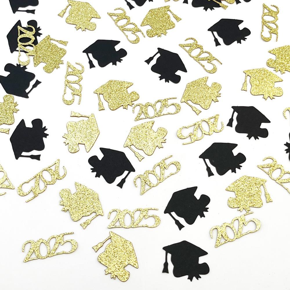 100PCS Cardstock 2025 Graduation Cap Confetti Black & Golden Paper Scatter Decor  Grad Parties