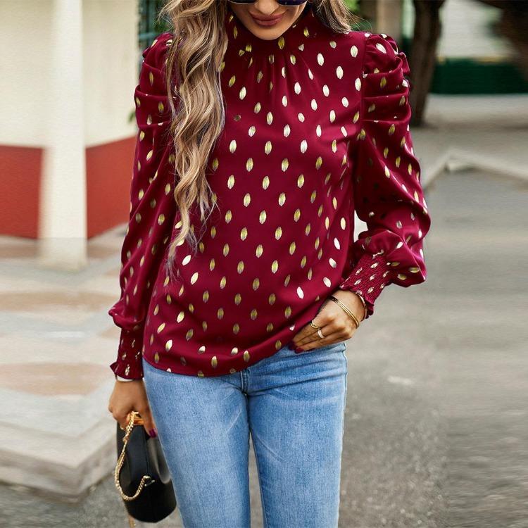 Women Loose Printed Blouses Long Sleeve Round Neck Commuting Autumn Winter