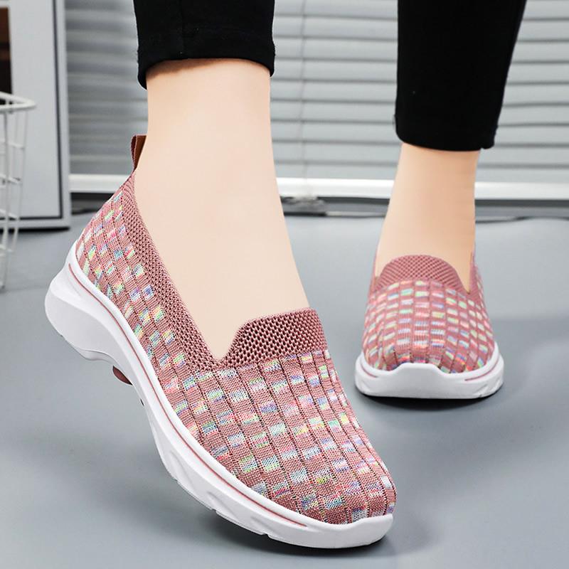 Summer Sneakers Women Shoes Kintting Woven Mom Relax Loafers Walking Flats Tenis Chaussure Femme