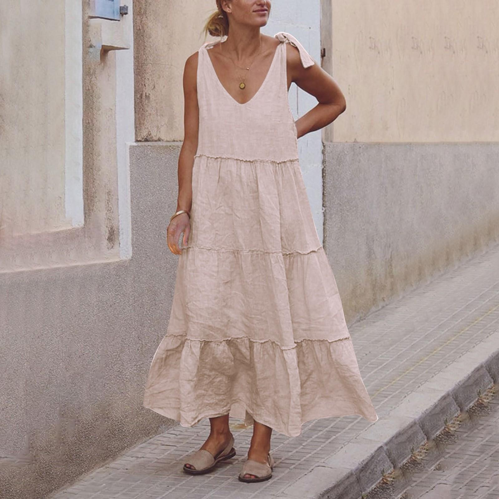 

Женское платье из хлопка и льна, женское сексуальное платье-камиль с завязками на плечах, повседневное свободное платье без рукавов с рюшами, многослойное струящееся платье S бежевый