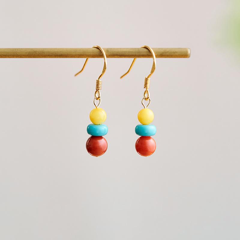 Chinese Style Red Agate, Turquoise, and Amber Silver Dangle Earrings for Women