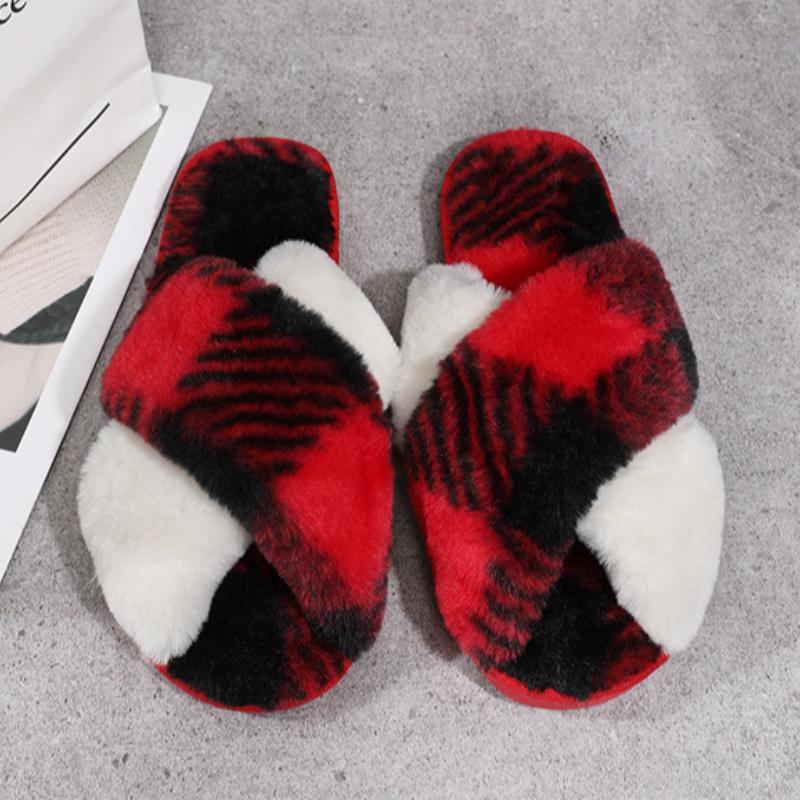 Cross furry slippers for winter indoor plush flat floor mop with exposed toes and warm cotton mop