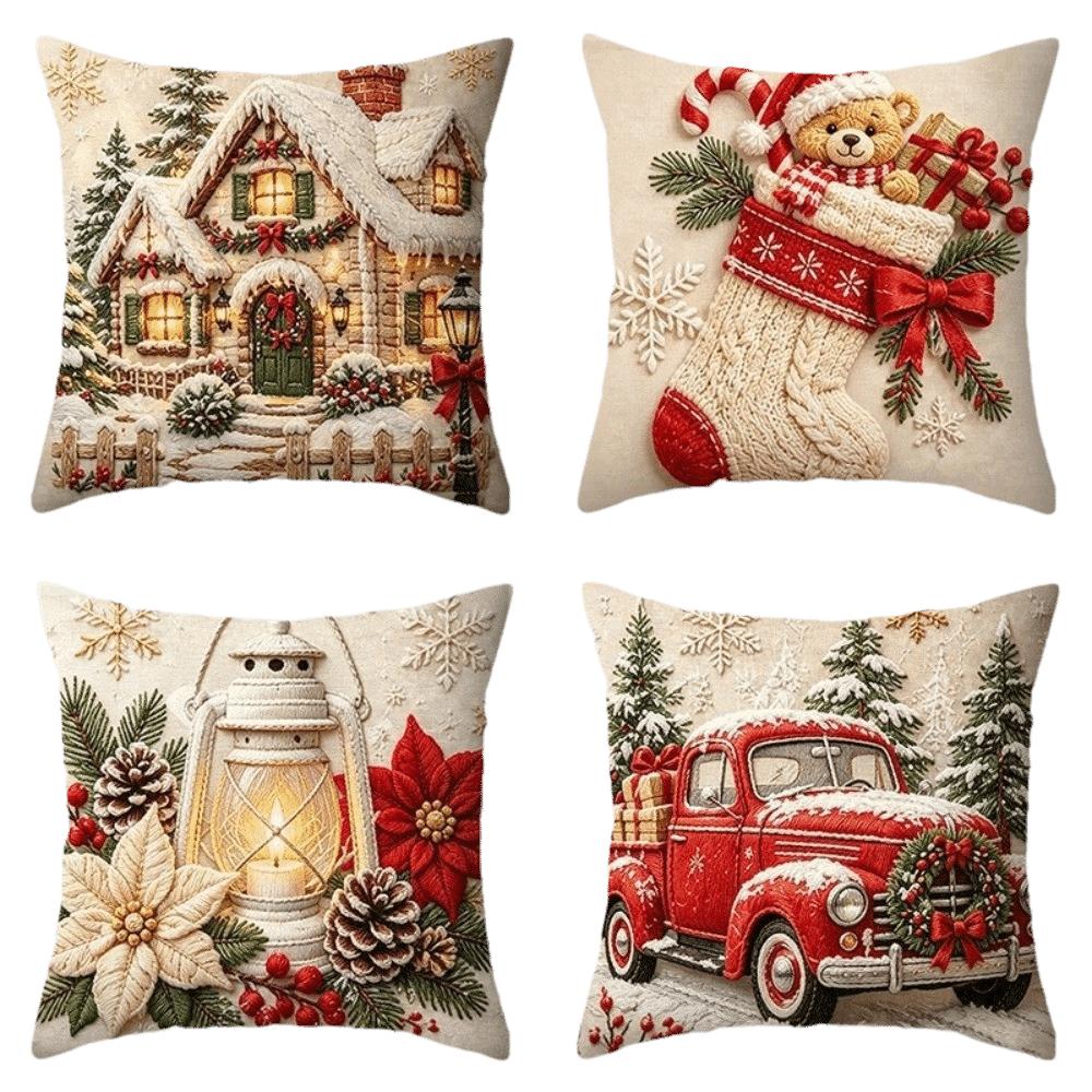 4PCS Tree Flower Christmas Pillow Covers New Year Snowman Pillow Cover Throw Cushion Case Home