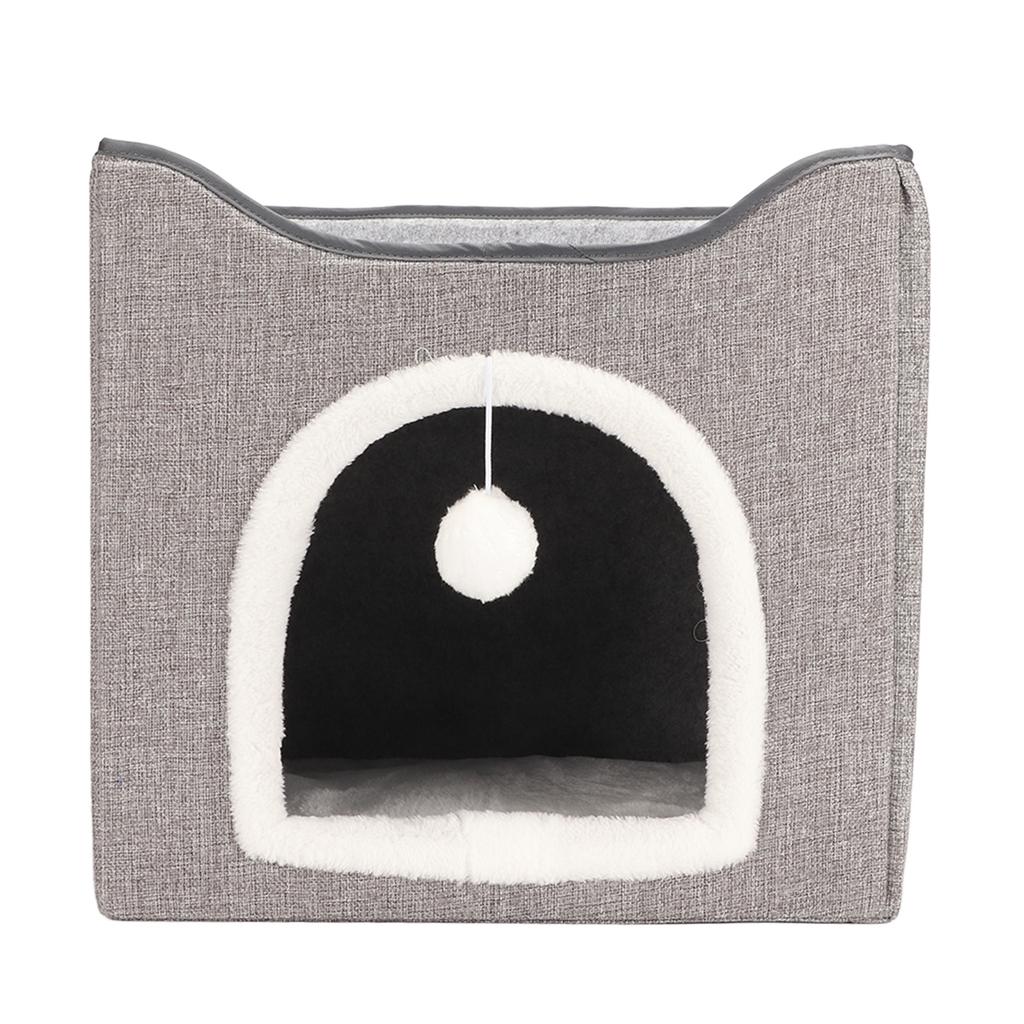 Cat House Foldable Enclosed Warm Breathable Cat Cave Bed with Scratcher Plush Ball for Indoor Gray