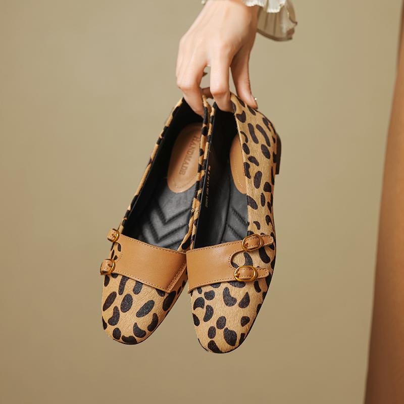 Fashion 2025 New Size 34-40 New Spring Autumn Women Pumps Round Toe Chunky Horsehair Leopard Shoes Concise Flats Comfortable Black Soft
