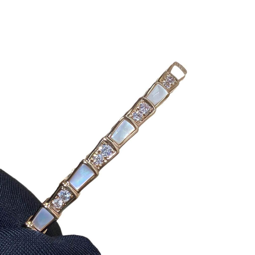 Luxurious Full Diamond Snake Ring with Natural Mother-of-Pearl & Wide Band Design