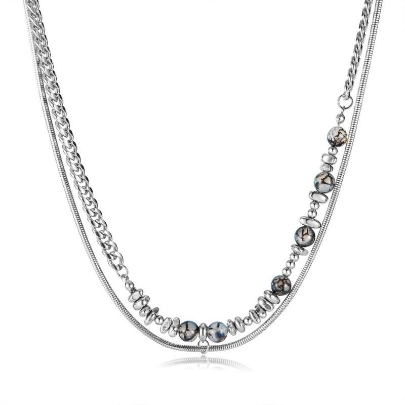 Individually Cool Style Double-layer Necklace Made Of Stainless Steel Natural Stone Splicing Black Gallstones Cuban Chain Men