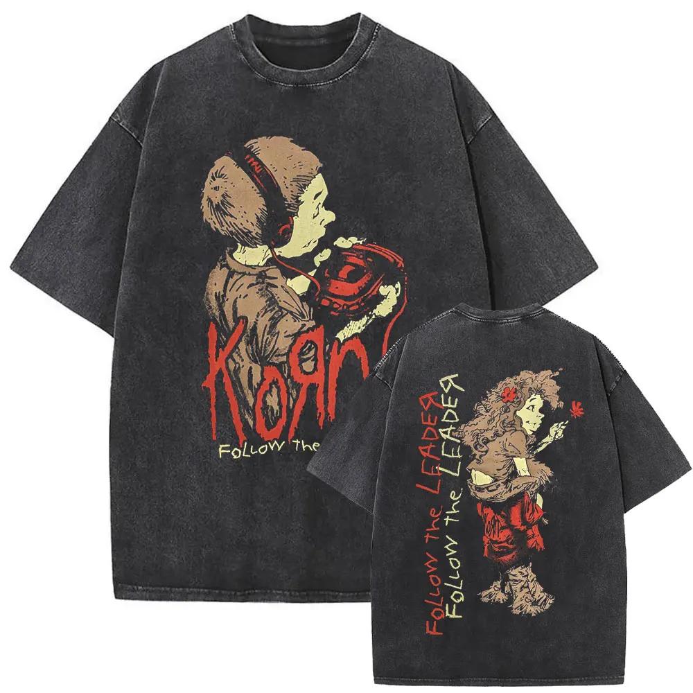 Korn Rock Band Follow The Leader Ftl Y2k T-shirt Uomo Lavata Manica Corta Girocollo Vintage Streetwear Casual Estate Grafica