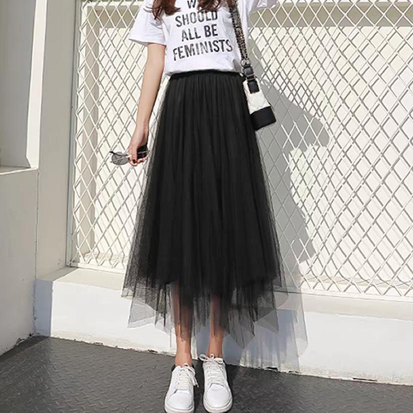 Qooth Summer Asymmetrical Pleated Skirts Elastic Waisted Tulle Midi Skirt Elegant Simple Casual SkirtQT2582