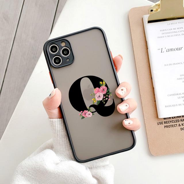 Black Letter Flower Matte Phone Case For iPhone 15 12 14 Pro Max Cases For iPhone 11 13 pro Back Cover fashion Shell Coque