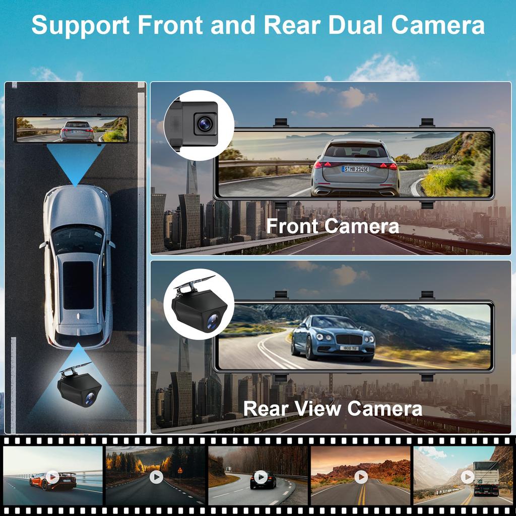 Aprilboy 12'' 4K Carplay&Android Auto Car DVR Dash Cam View Mirror Camera for Video Recorder Rearview Dash Cam 1080P Rear Camera