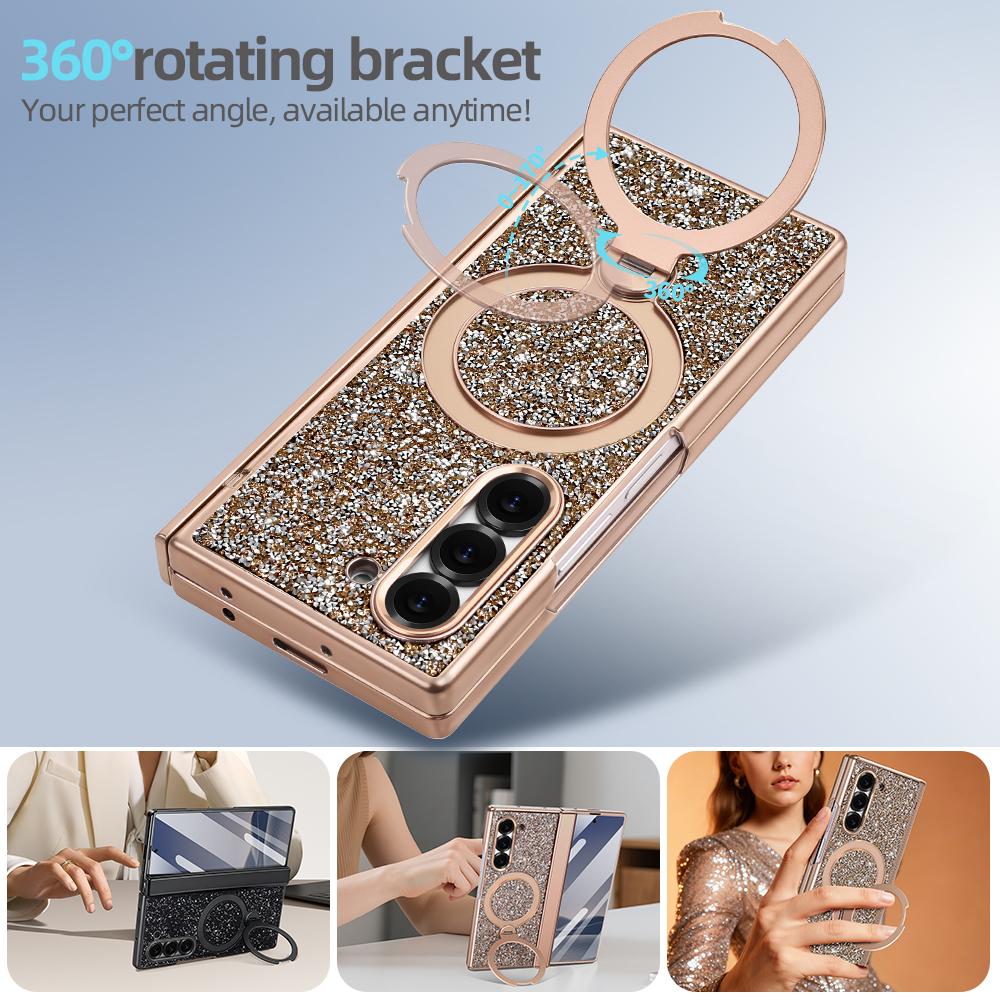 Glitter Bling Faux Leather Plating Magnetic Phone Case for Galaxy Z Fold 7 Fold 6 with Rotatable Holder, Anti-peeping Glass Film