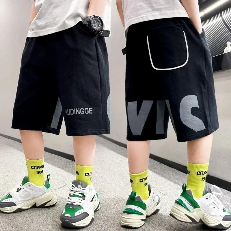 Kids Boys Casual Shorts School Pants Elastic Waist Letter Print Clothing Black Grey Running Shorts 120
