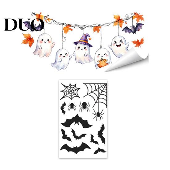 Waterproof Holiday Window Film Halloween Clings, Pumpkins Skeletons Ghosts And Bats Print Decorative Indoor Outdoor Glass Ornaments