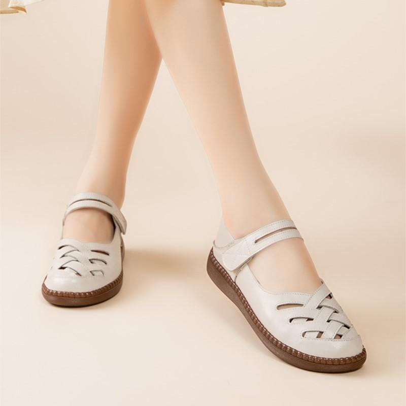 Johnature Flat Sandals For Women Breathable Genuine Leather Soft Soled Casual Round Toe Women's Shoes