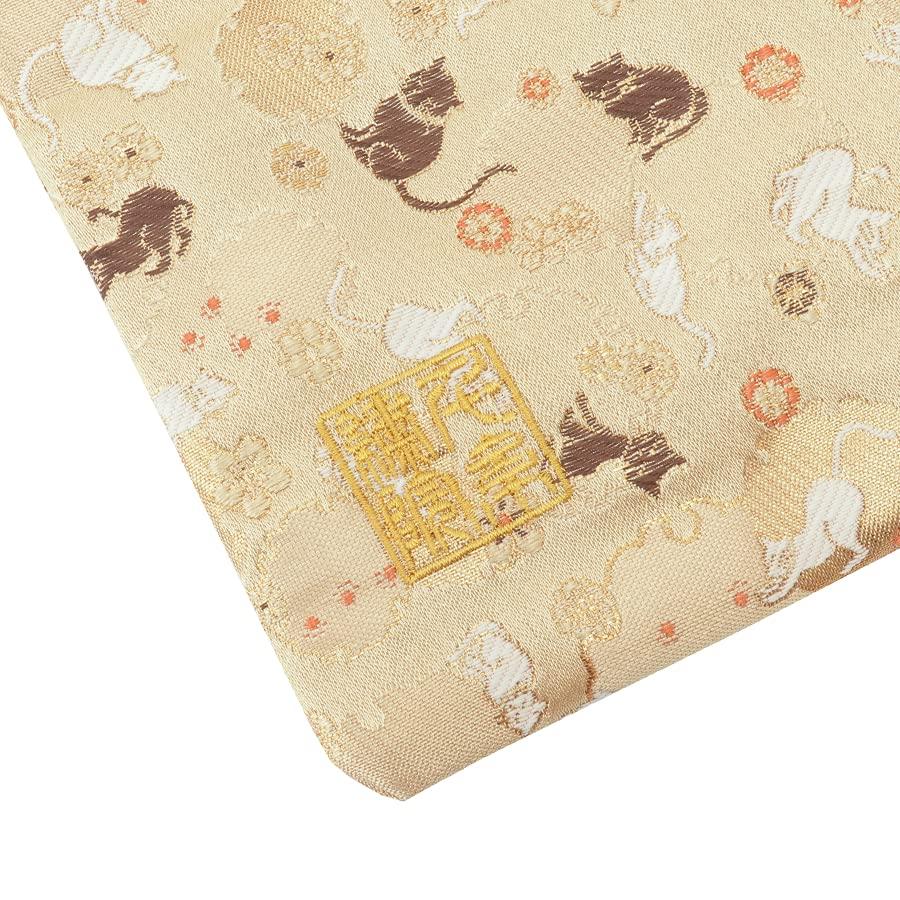 Senshishuin Nishijin Brocade Drawstring Bag Snowflake Cat Medium Size (Lined) Honey-Colored Design,