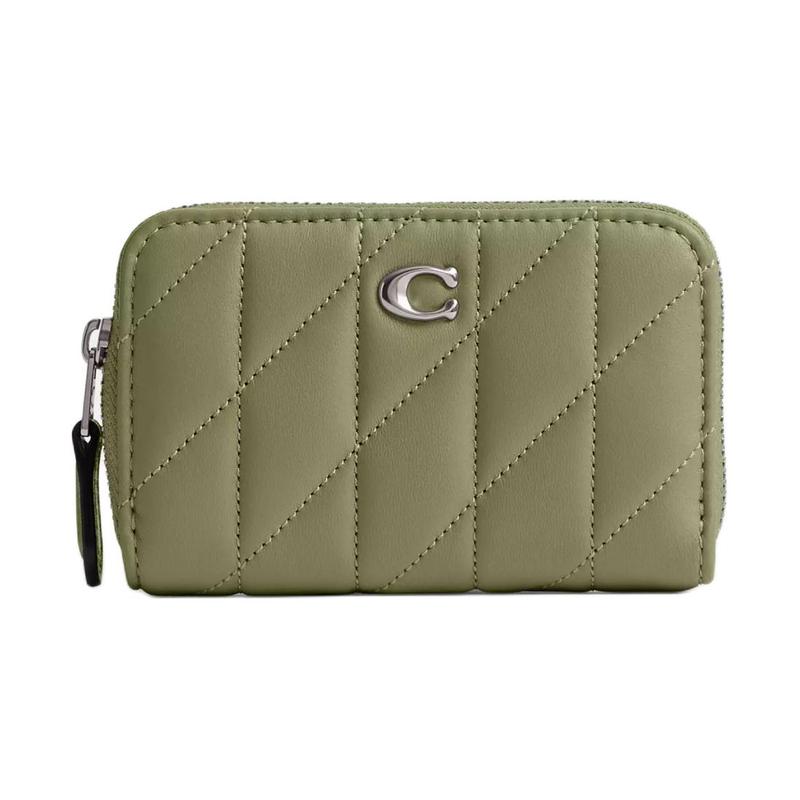 

COACH wallet Zip Around 11 Solid Silver Logo Stripe Quilted Zip Closure Nappa Leather Women s Light Antique Nickel Light antique nickel with moss серебряный