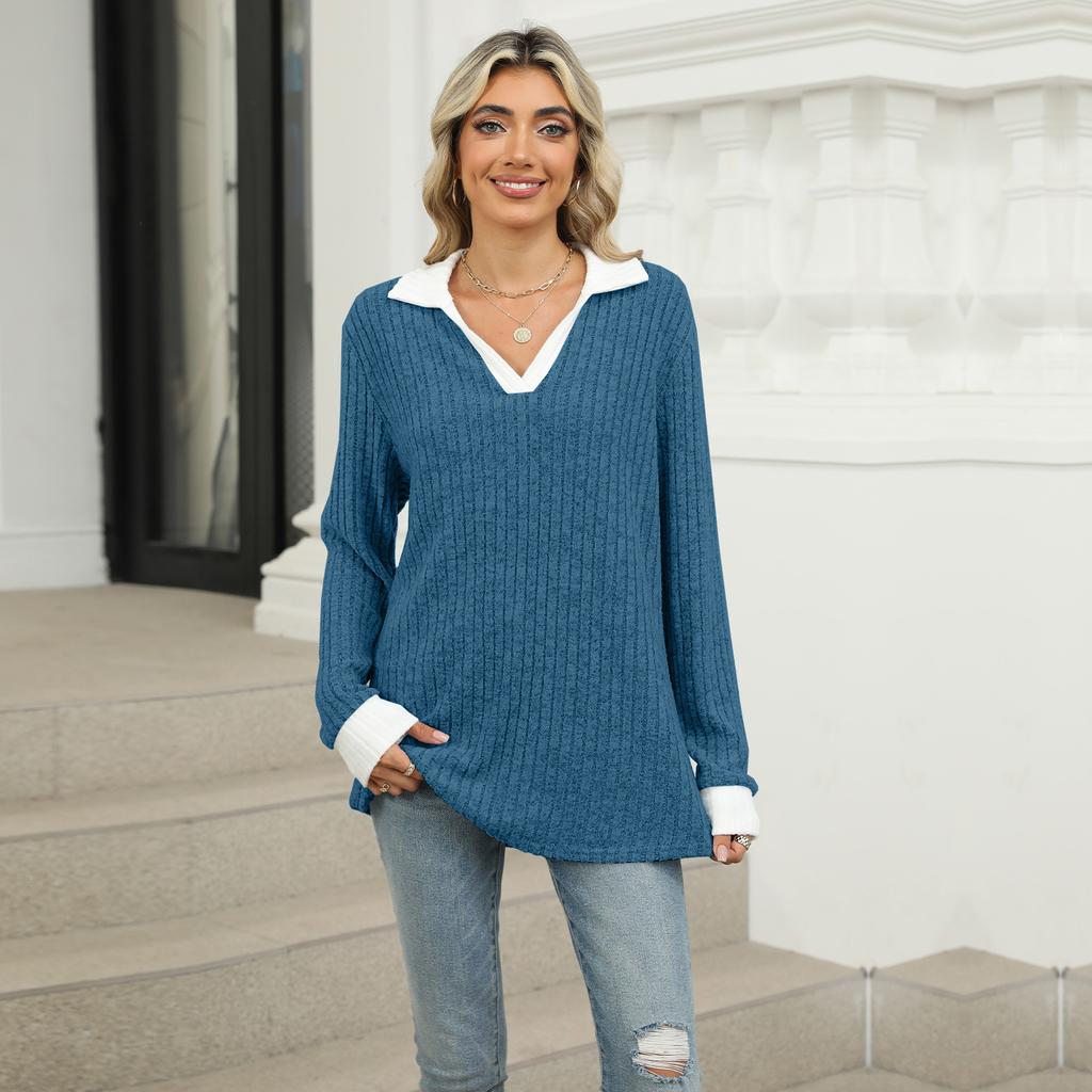 Women's V Neck Collar Long Sleeve Tunic Top Loose Fit Urban Style Color Block Ribbed Knit Casual Tee Shirt