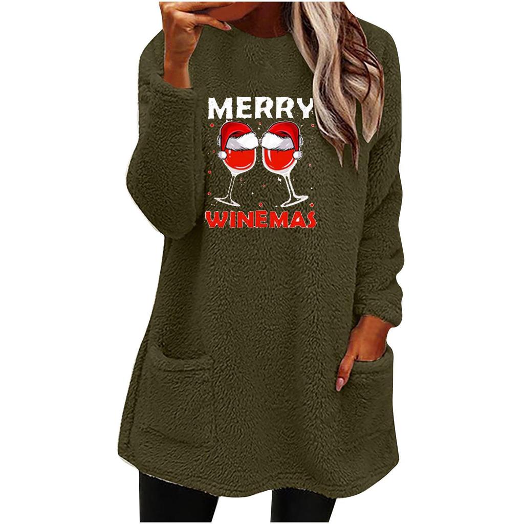 Women's Red Wine Glass Print Round Neck Loose Long Sleeve Pocket Plush Hoodie