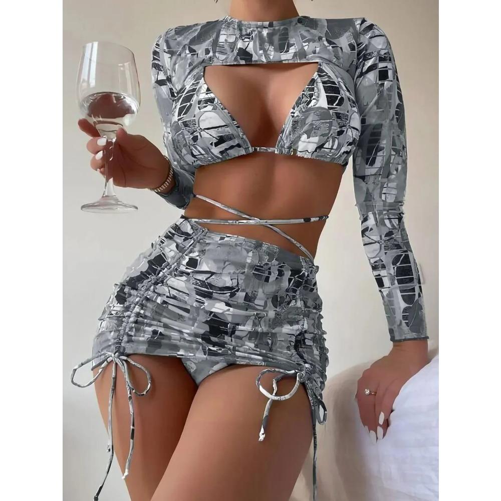 Sexy bedruckte 4-teilige Bikinis Damen Damen Push-up Bademode mit Wickel Langarm Rock Badeanzug Badeanzug Strandbekleidung Weiblich