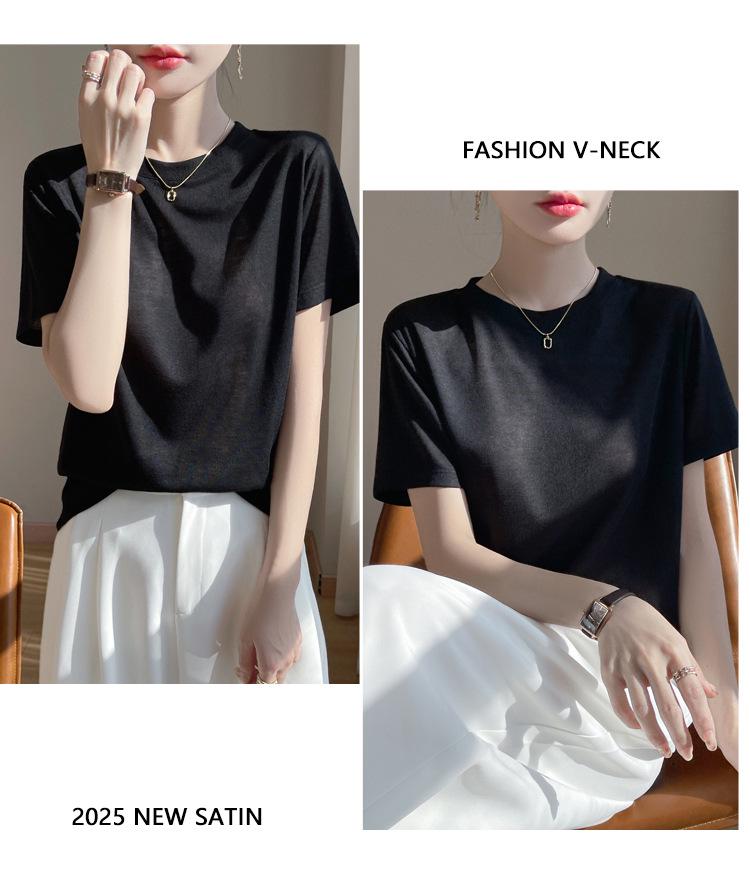 Women's Summer Tencel Lyocell Short Sleeve Round Neck Solid Color Loose Top