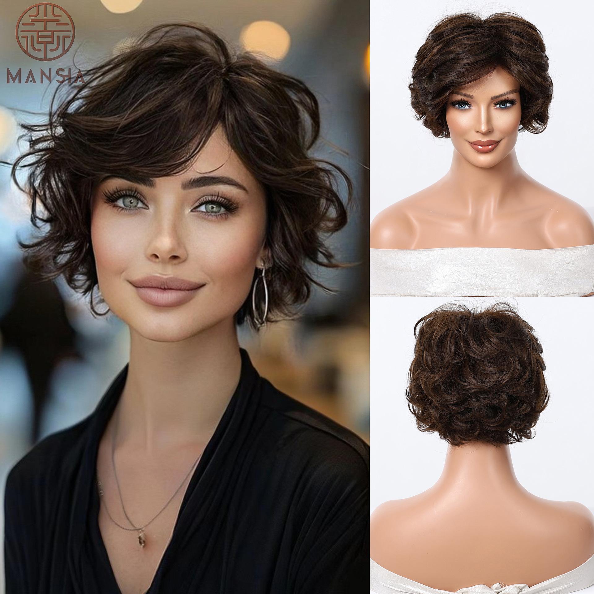 

European and American Fashion Brown-Black Highlighted Short Curly Wig, Retro Fluffy Small Curl High-Temperature Fiber Hairpiece чорний